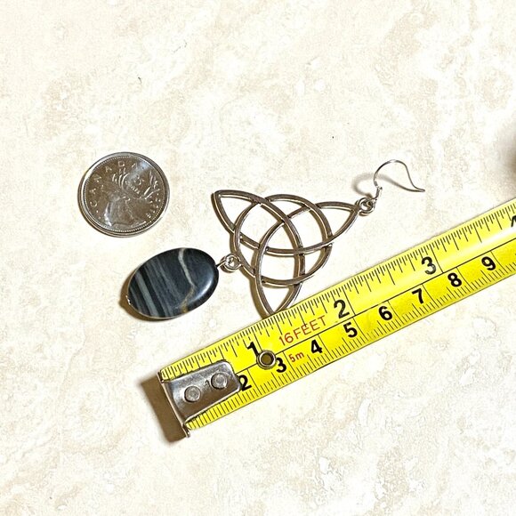 2/$20, Genuine Black Banded Agate Celtic Trinity Sterling Silver Dangle Earrings - Picture 7 of 10